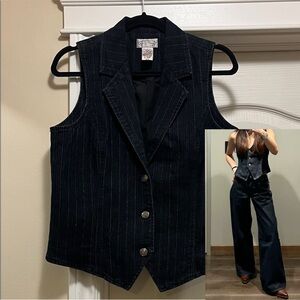 90s Dark Wash Denim Vest with Pinstripe